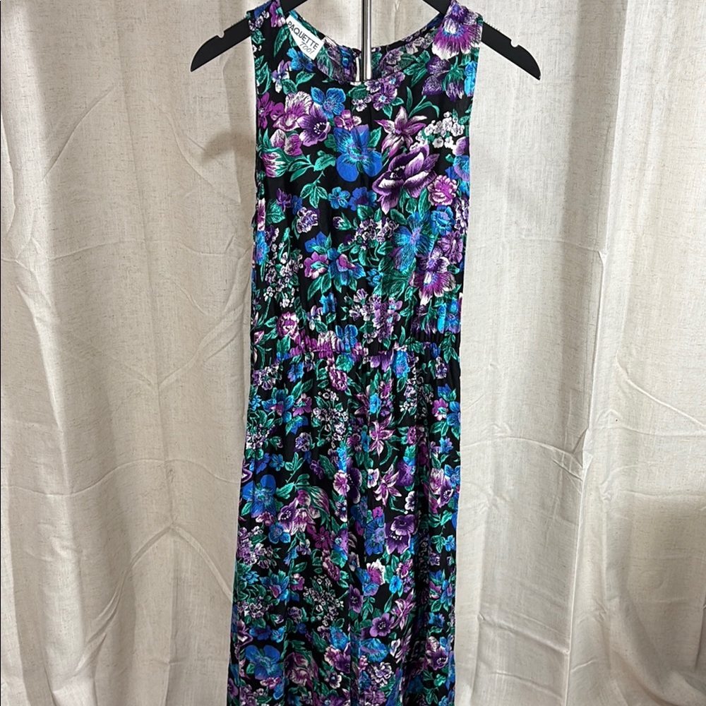 Vintage 80s Paquette Too Sleeveless Floral Midi Dress